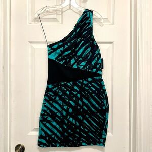 ROBERT RODRIGUEZ One-Shoulder Black and Teal Blue Green Silk Mini Dress Sz 2 NWT